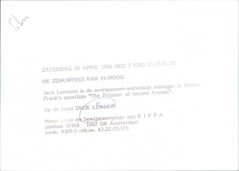 Jack Lemmon stars in the film "The Prisoner of Second Avenue" on Dutch television. - Vintage Photograph