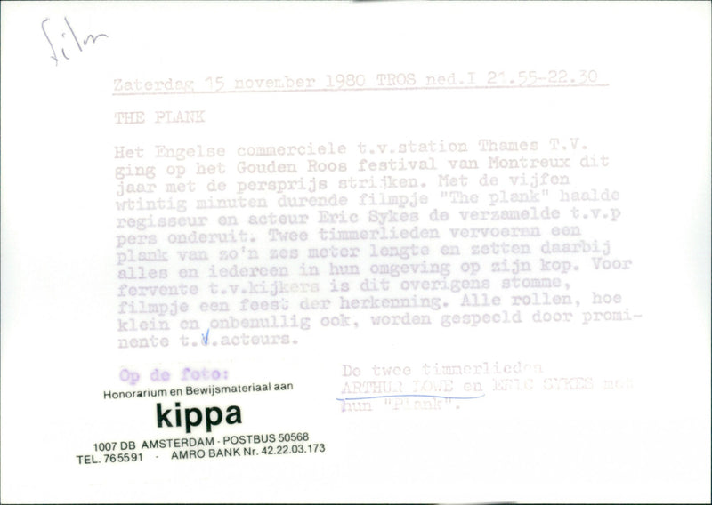 Arthur Lowe and Eric Sykes - The Plank - Vintage Photograph