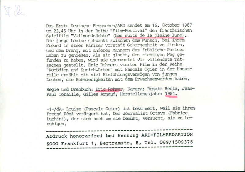 Pascale Ogier and Fabrice Luchini - Les nuits de la pleine lune - Vintage Photograph