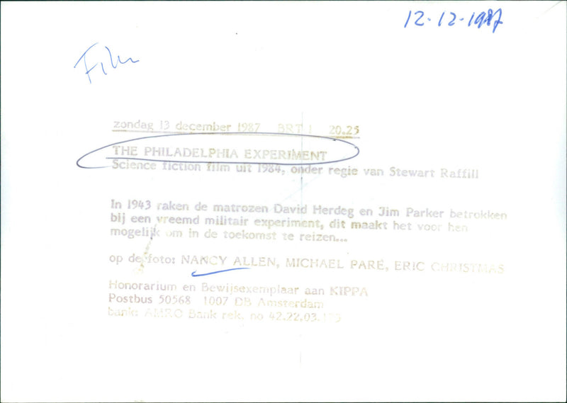 Nancy Allen, Michael Paré and Eric Christmas - The Philadelphia Experiment - Vintage Photograph