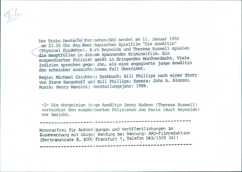 Burt Reynolds and Theresa Russell - Physical Evidence - Vintage Photograph