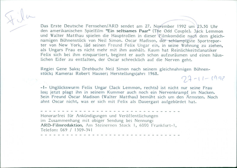 Jack Lemmon and Walter Matthau - The Odd Couple - Vintage Photograph