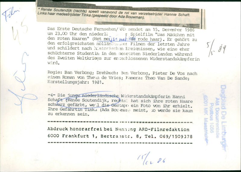 Renée Soutendijk and Ada Bouwman in the German television movie "The Girl with the Red Hair" - Vintage Photograph