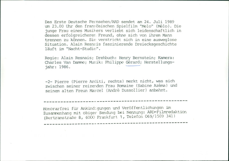 Pierre Arditi, Sabine Azéma, and André Dussollier star in Alain Resnais' 1986 film "Melo" which aired on July 24th, 1989 on German television. - Vintage Photograph