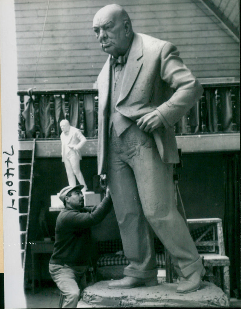 David McFall with statue of Winston Churchill - Vintage Photograph