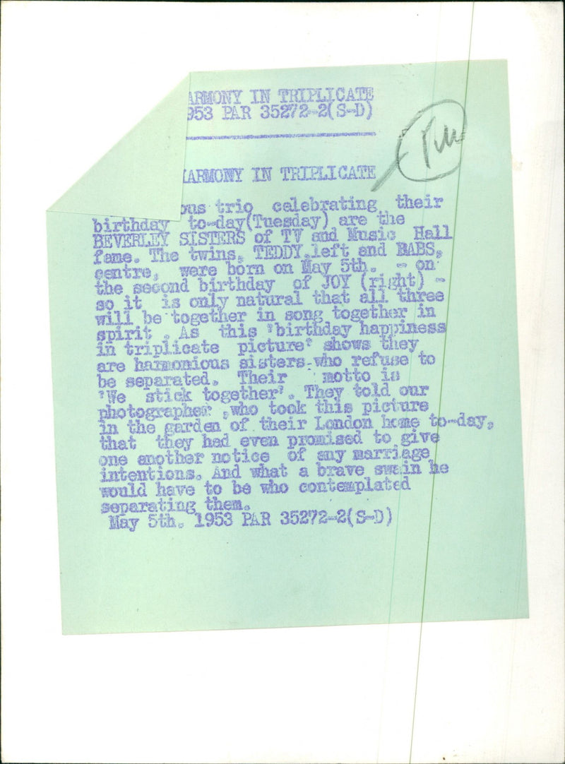 Beverley Sisters Celebrate their Birthday - Vintage Photograph