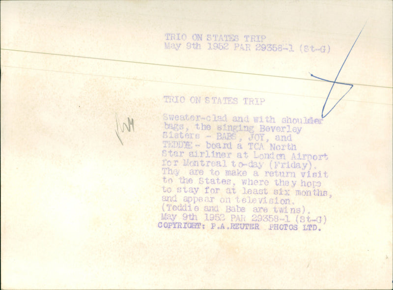 The Beverley Sisters On States Trip - Vintage Photograph