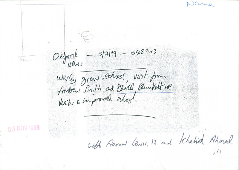 David Blunkett MP with Aaron Lewis and Khalid Ahmad - Vintage Photograph