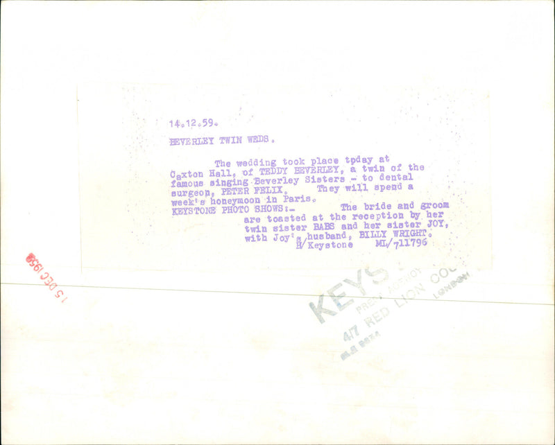 Wedding of Teddie Beverley and Peter Felix - Vintage Photograph