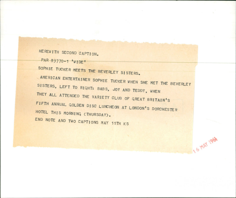 Sophie Tucker Meets the Beverley Sisters - Vintage Photograph