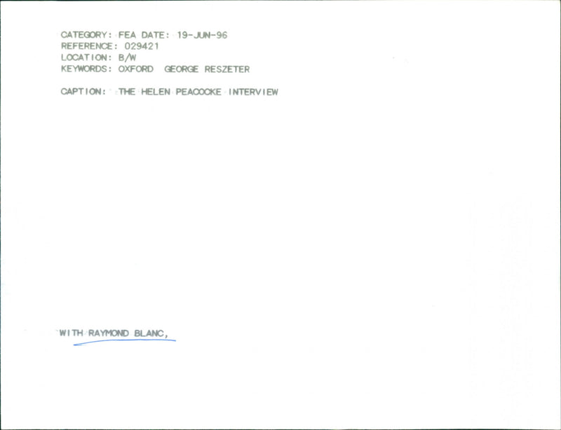 HELEN PEACOCKE INTERVIEW WITH RAYMOND BLANC - Vintage Photograph