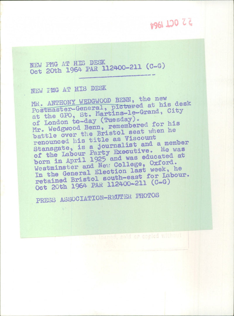 Anthony Wedgwood Benn - Vintage Photograph