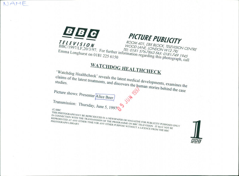 Alice Beer in Watchdog Healthcheck - Vintage Photograph