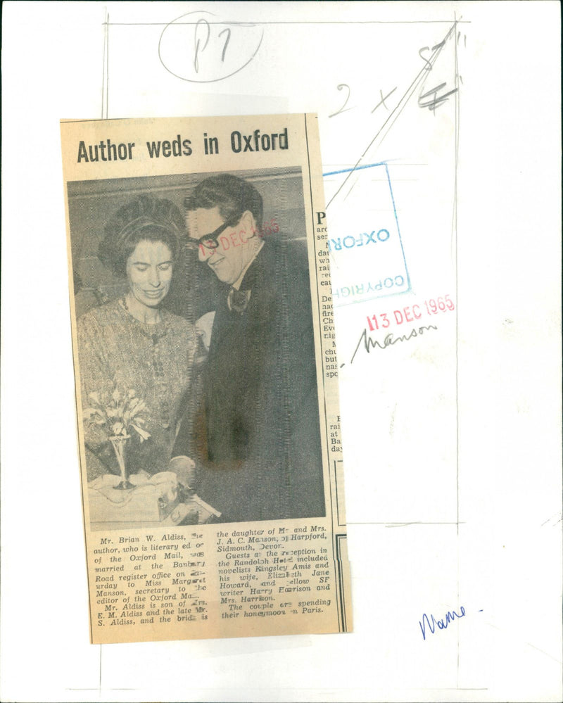 Mr. Brian W. Aldiss and Miss Margaret Manson - Vintage Photograph