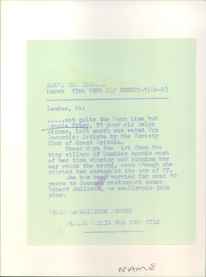 Bonnie Tyler - Vintage Photograph