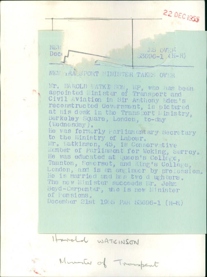 Harold Watkinson - Vintage Photograph