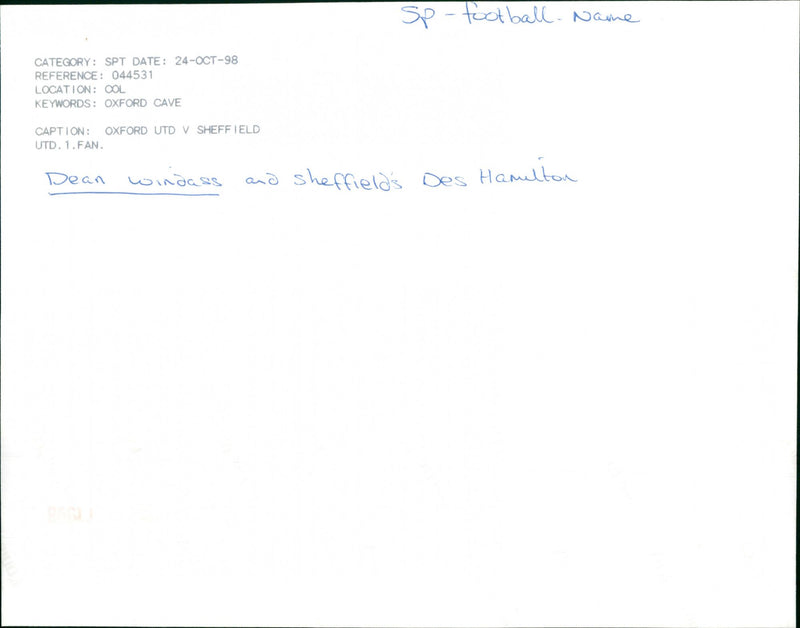 Dean Windass, Sheffields Des Hamilton - Vintage Photograph