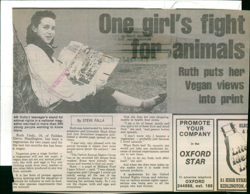 Ruth Undy, a 16-year-old from Feilden Grove, Headington, has been advocating for animal rights through veganism. - Vintage Photograph