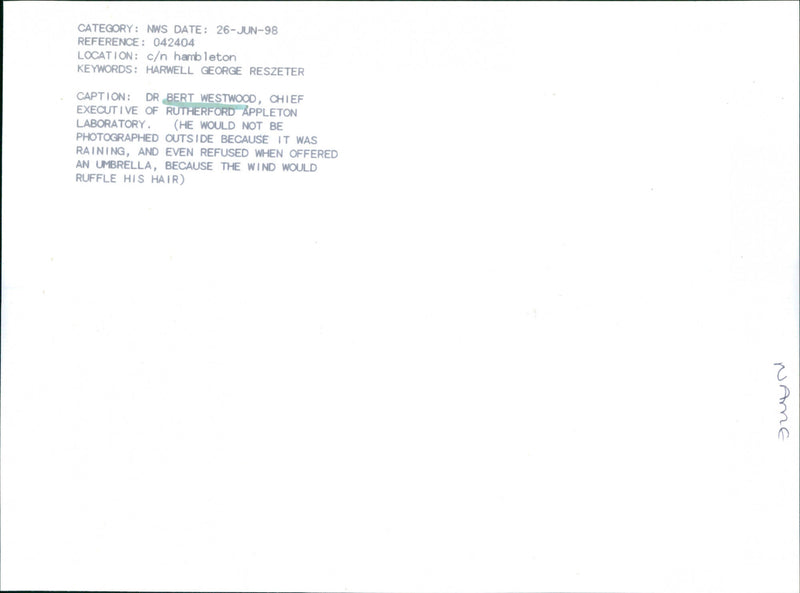 Bert Westwood - Vintage Photograph