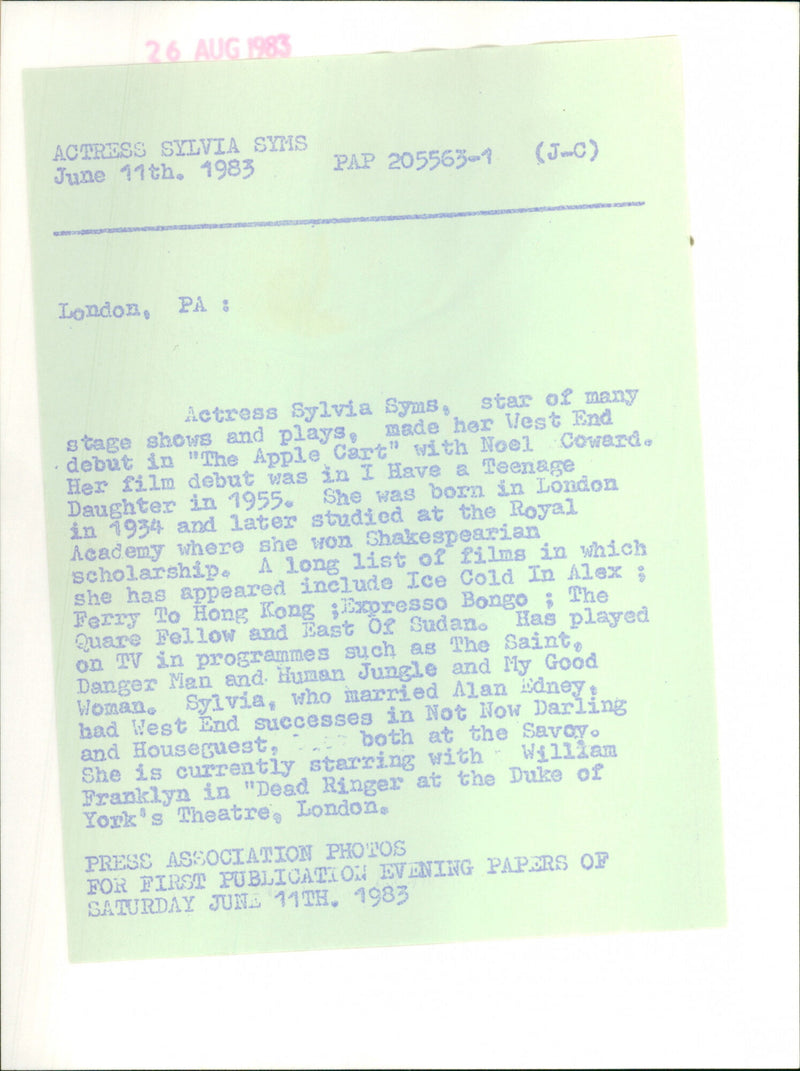 Sylvia Syms - Vintage Photograph