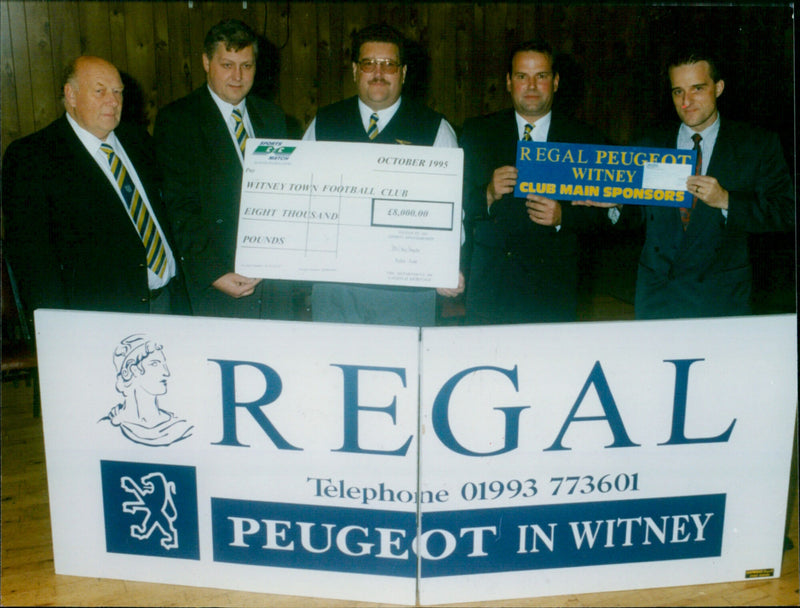Representatives from Witney Town Football Club and Regal Peugeot, its main sponsor, gather for a photo opportunity. - Vintage Photograph