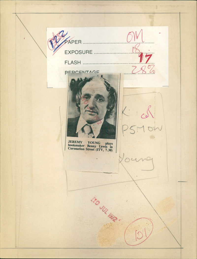 Actor Jeremy Young portrays bookmaker Benny Lewis on the set of Coronation Street. - Vintage Photograph