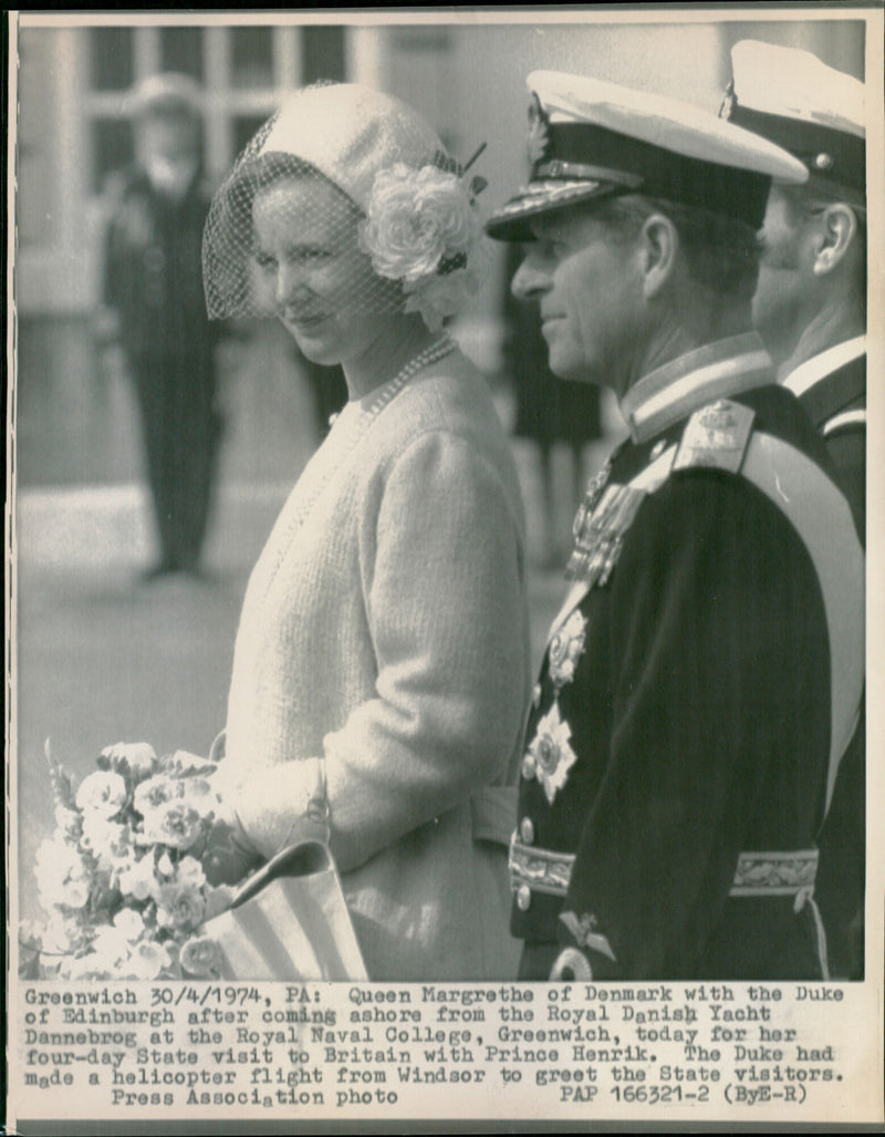 Queen Margrethe of Denmark and the Duke of Edinburgh arrive at the Royal Naval College, Greenwich. - Vintage Photograph