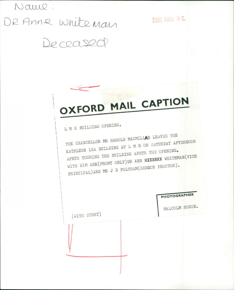 Mr Harold Macmillan leaves Kathleen Lea building. With him are Dr Ann Whiteman, Mr j d feltham - Vintage Photograph