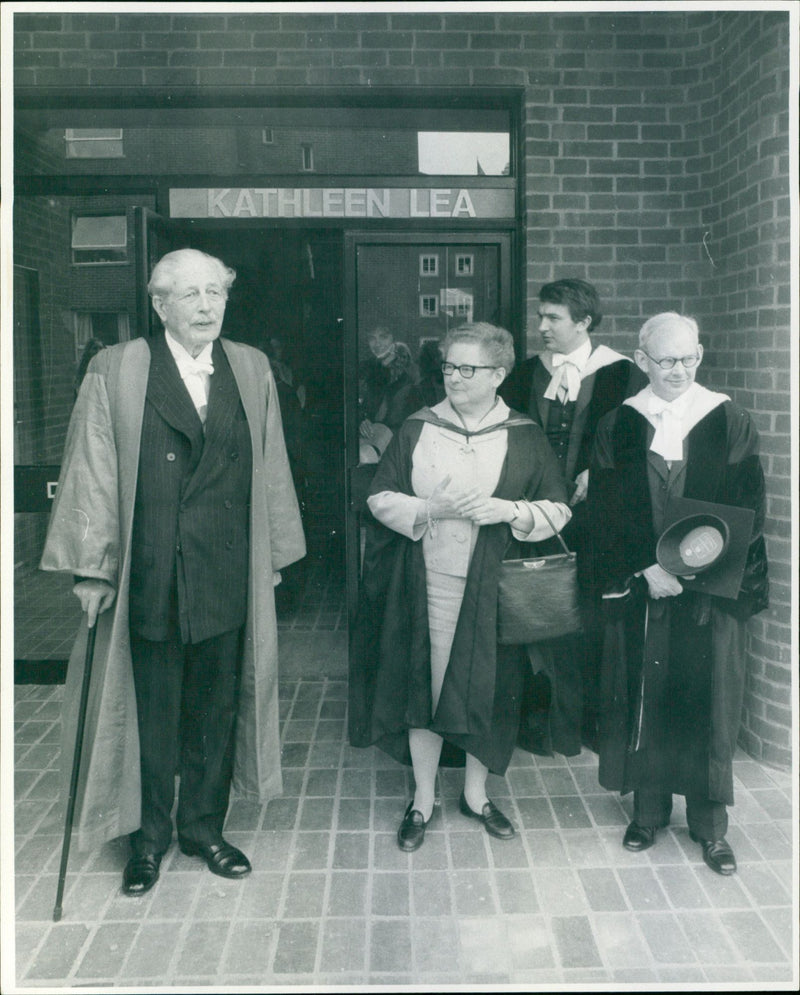 Mr Harold Macmillan leaves Kathleen Lea building. With him are Dr Ann Whiteman, Mr j d feltham - Vintage Photograph