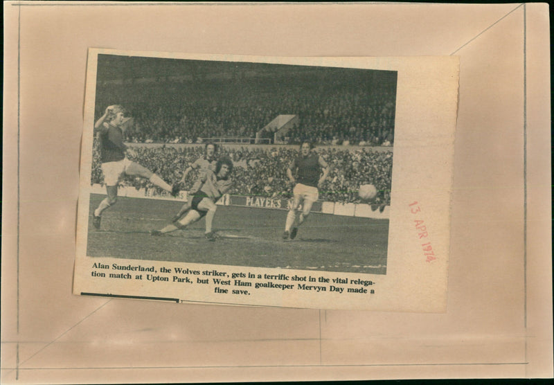 Alan Sunderland the wolves striker on a match at Upton Park west ham goalkeeper Mervyn Day - Vintage Photograph