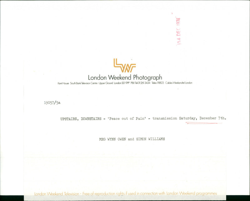 Meg Wynn Owen and Simon Williams filming an episode of the television series "Upstairs, Downstairs" at London Weekend Television. - Vintage Photograph