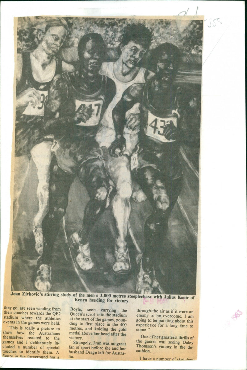 Athletes competing in the 3,000 metres steeplechase at the Queen Elizabeth II Stadium during the 1983 Australia Games. - Vintage Photograph