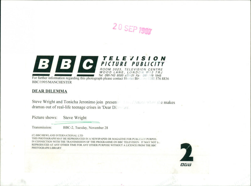 Presenter Anson with Steve Wright and Tonicha Jeronimo filming the television show 'Dear Dilemma'. - Vintage Photograph