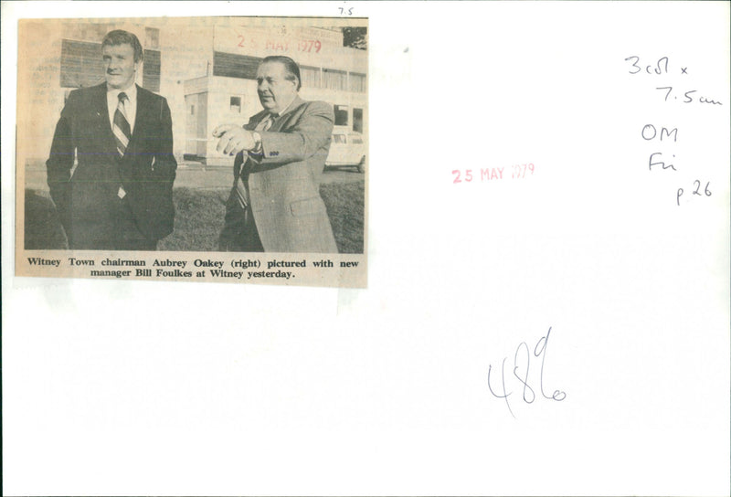 Witney Town chairman Aubrey Oakey (right) pictured with new manager Bill Foulkes at Witney yesterday. - Vintage Photograph