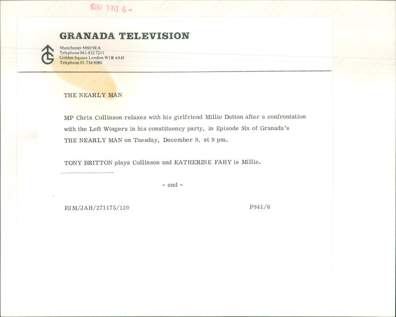 Tony Britton plays Collins and Katherine Fahy is Millie - Vintage Photograph