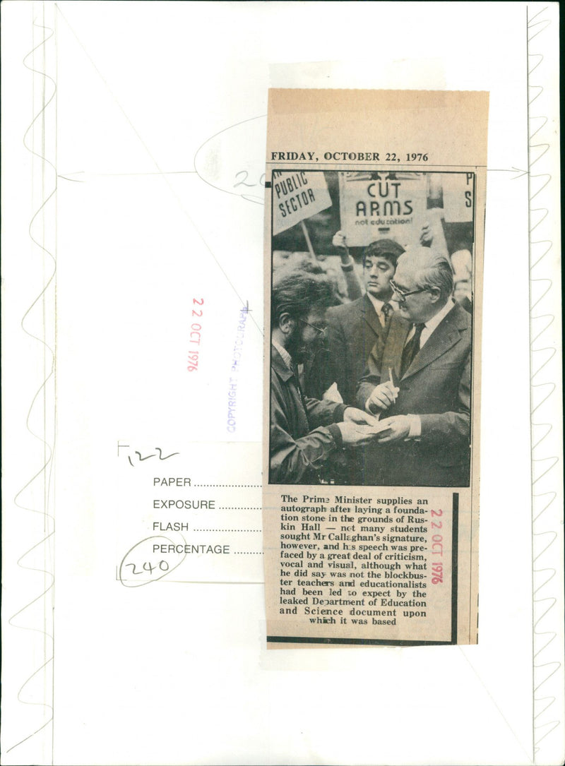 Mr. James Callaghan the prime minister supplies an autograph in Ruskin Hall - Vintage Photograph