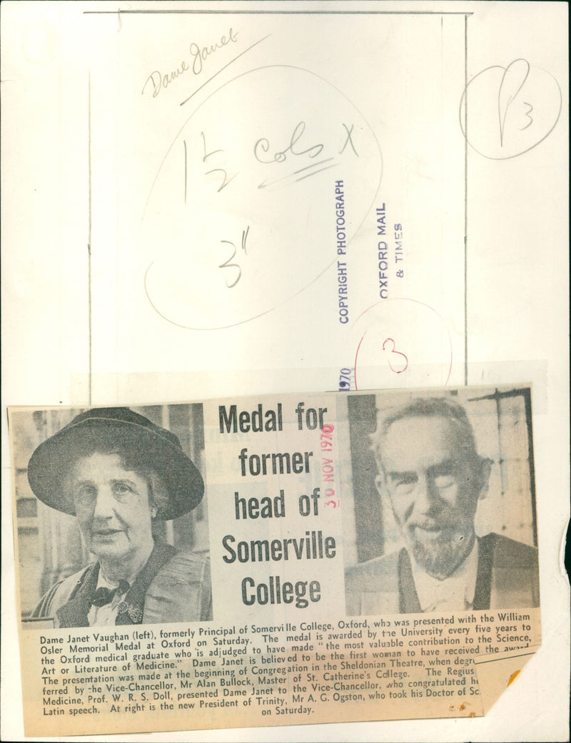 Dame Janet Vaughan left and right Mr A.G Ogston the president of trinity - Vintage Photograph