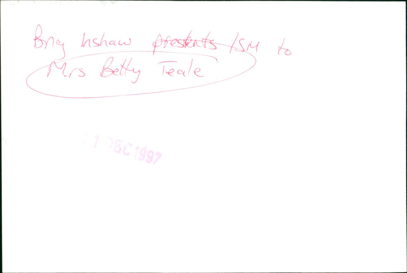 Brig Inshaw presents ISM to Betty Teale - Vintage Photograph