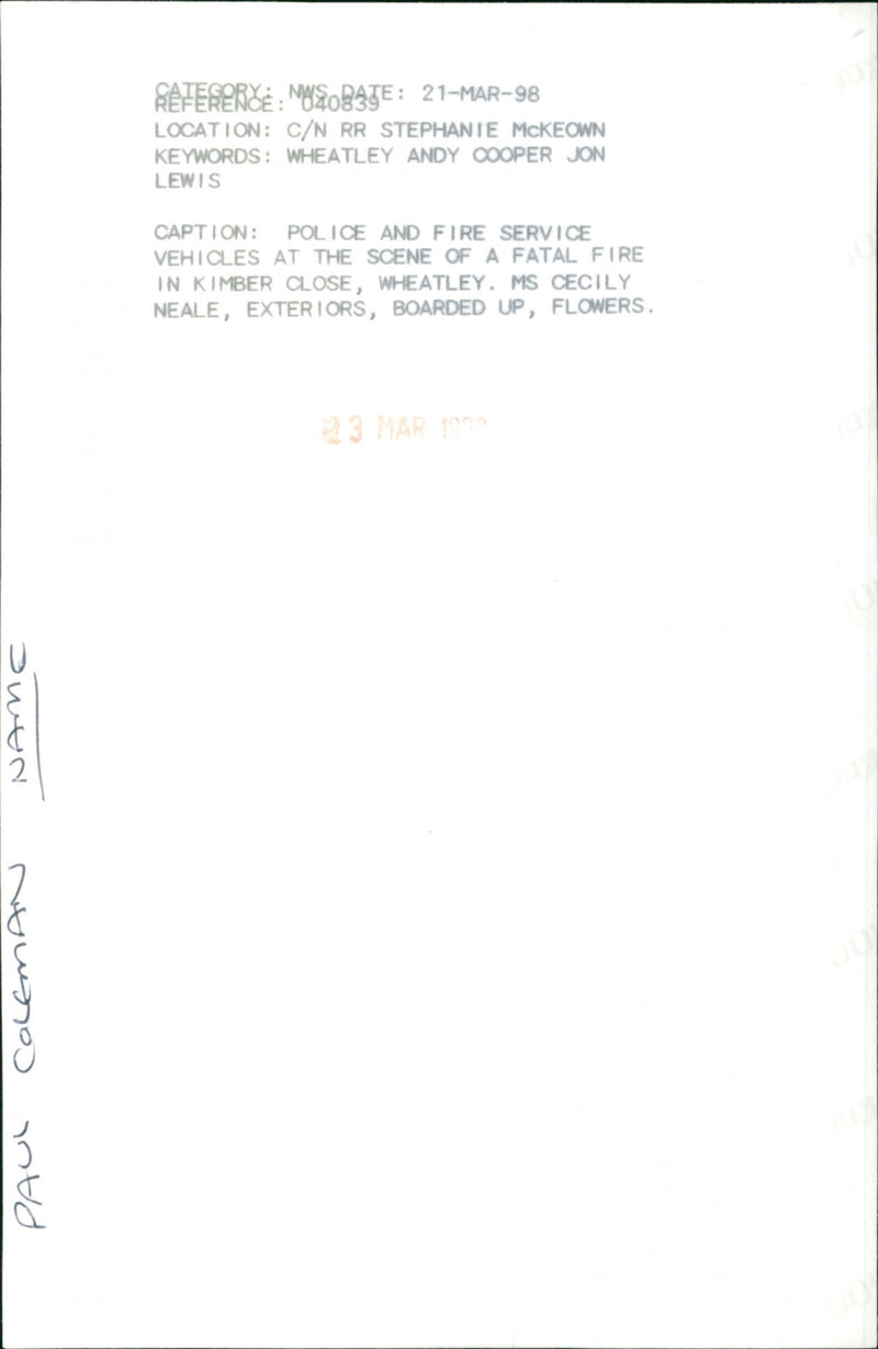 Police and fire service vehicles at the fatal fire scene - Vintage Photograph