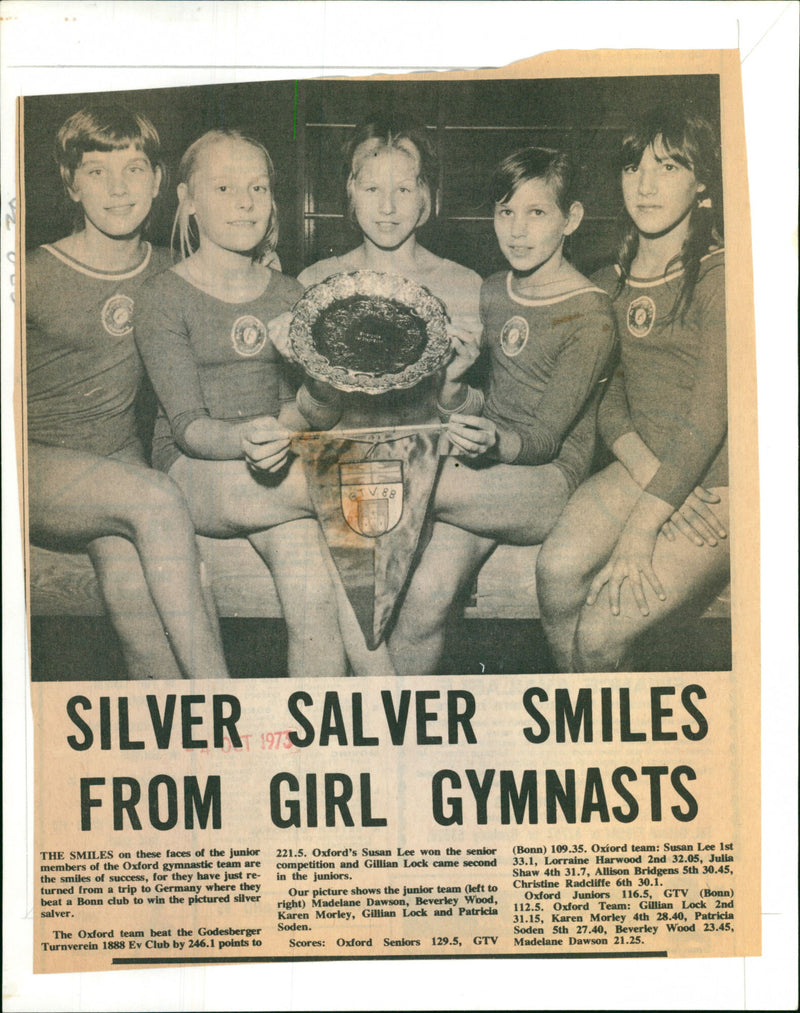 Oxford gymnasts celebrate winning the silver salver at the Godesberger Turnverein 1888 Ev competition in Bonn, Germany. - Vintage Photograph