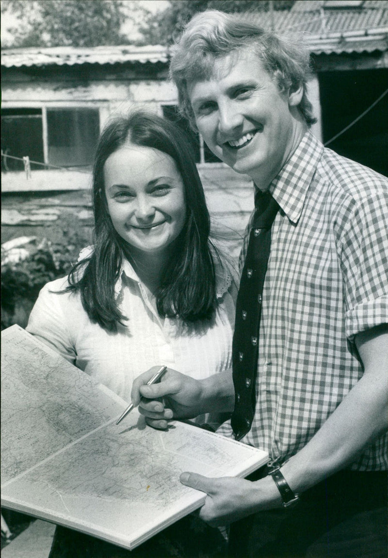 Intrepid couple Sue Wilkinson and Dr Grant Bates depart Oxford on July 10 for Operation Drake, a two-year round-the-world expedition. - Vintage Photograph