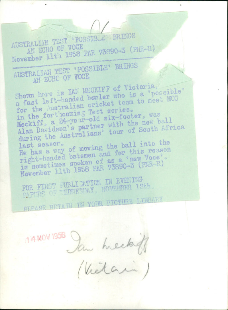 Ian Meckiff - Vintage Photograph