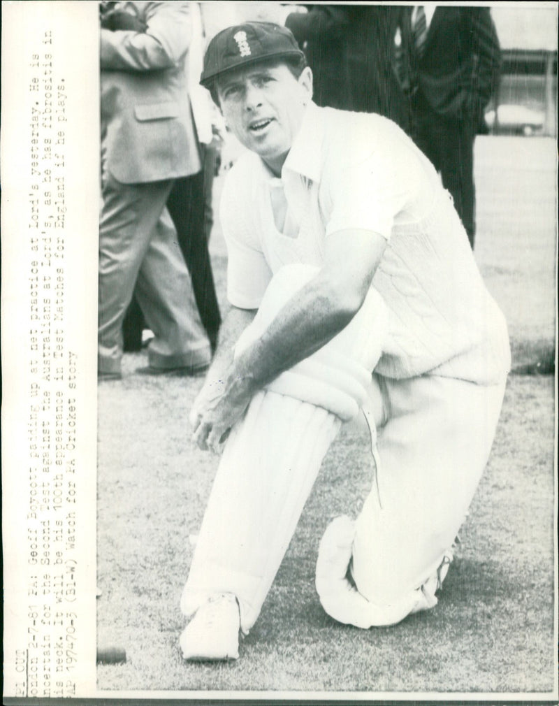 English cricketer Geoff Boycott practices at Lord's Cricket Ground in London. - Vintage Photograph