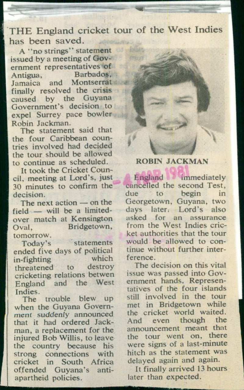 The England cricket tour of the West Indies has been saved after the four Caribbean countries involved decided the tour should be allowed to continue as scheduled. - Vintage Photograph