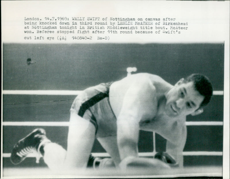 Wally Swift of Nottingham on canvas after being knocked down in third round by Leslie Mcateer of birknhead - Vintage Photograph