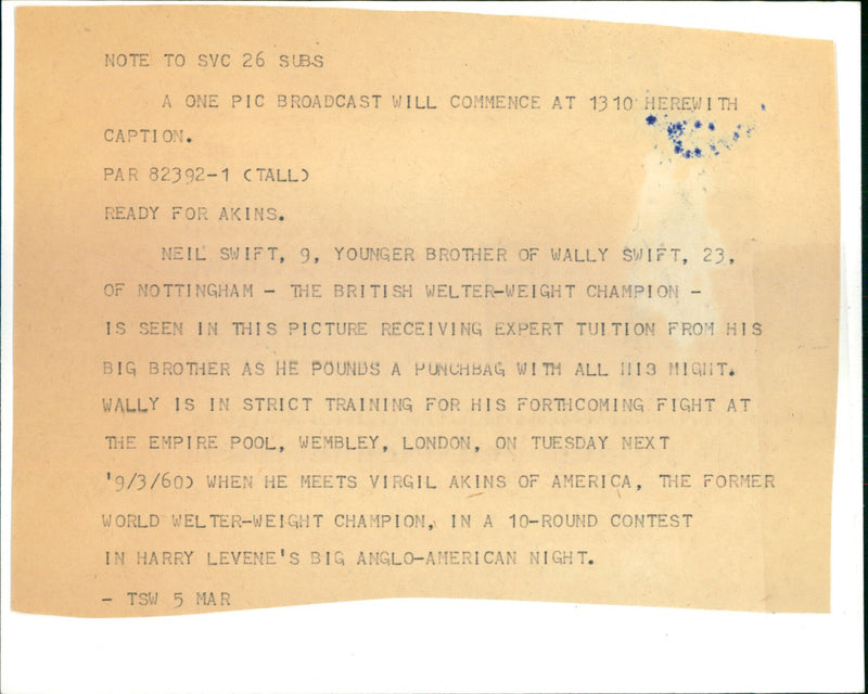 Neil swift brother of Wally Swift  receiving tuition on the punching bag - Vintage Photograph