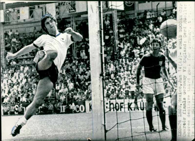 Germany's Gerd Mueller scores a decisive third goal against England during the 1970 World Soccer Cup quarter-finals. - Vintage Photograph