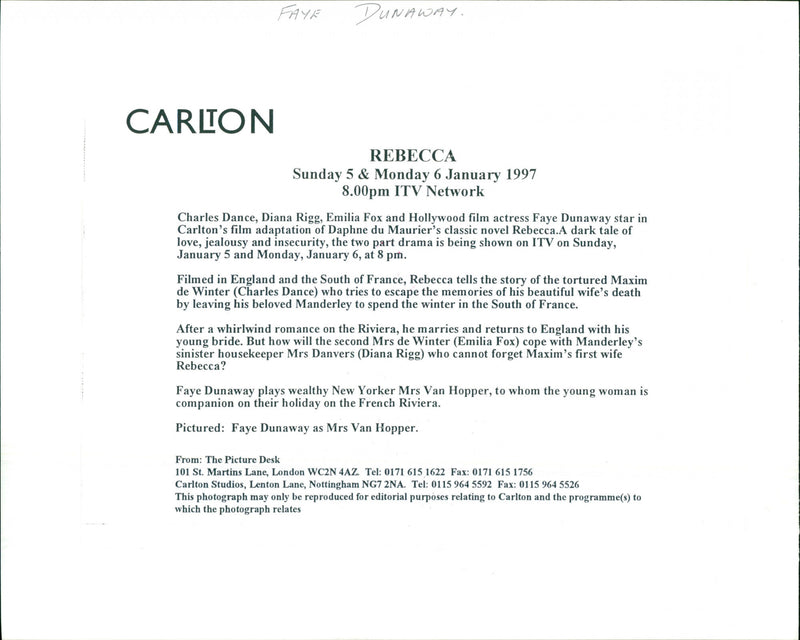 Hollywood film actress Faye Dunaway stars as Mrs Van Hopper in Carlton's film adaptation of Daphne du Maurier's classic novel Rebecca. - Vintage Photograph