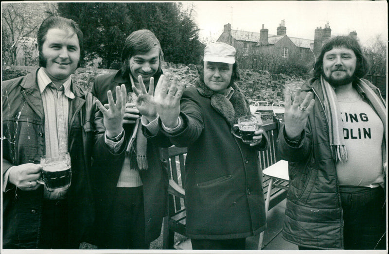 Manchester City supporters Alan Birkett, Tony Lowe, John Andrews and Bernard Hyde arrive in Oxford ahead of the team's game. - Vintage Photograph