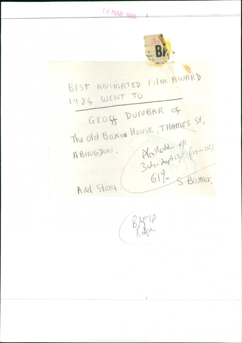 Geoff Dunbar at the BAFTA Awards, winning Best Animated Film in 1984. - Vintage Photograph